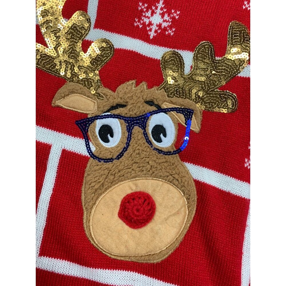 Christmas Reindeer Sweater Boys Large 10-12 Red Green Snowflake Holiday Time Cut - Picture 10 of 11